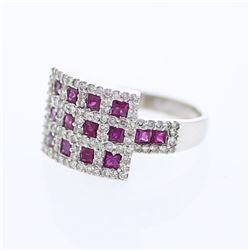 Checkered Ruby & Round Diamond Cocktail Ring in 14K White Gold - REF-102F3M