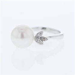 South Sea Pearl w/ Leaves Accent Diamond Ring in 18K White Gold - REF-67R3K