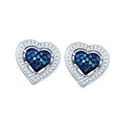0.4 CTW Blue Colored Diamond Heart Love Screwback Earrings 10K White Gold