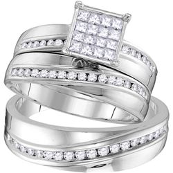 0.91 CTW His & Hers Natural Diamond Cluster Matching Bridal Ring 14K White Gold