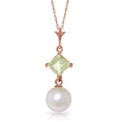 Genuine 2.5 ctw Pearl & Aquamarine Necklace Jewelry 14KT Rose Gold - REF-19A2K