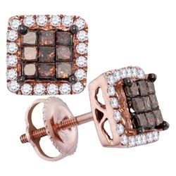 0.76 CTW Princess Red Colored Diamond Square Cluster Earrings 10K Rose Gold