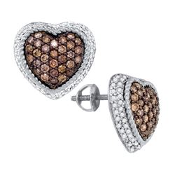1.30 CTW Cognac-brown Colored Diamond Heart Cluster Earrings 10K White Gold