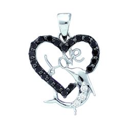 0.4 CTW Black Colored Diamond Dolphin Heart Love Pendant 14K White Gold