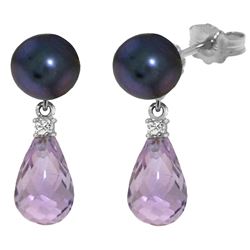 Genuine 6.6 ctw Black Pearl, Amethyst & Diamond Earrings Jewelry 14KT White Gold - REF-27Z6N