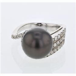Tahitian Pearl w/ 3-row Shank Diamond Ring in 14K White Gold - REF-136M6F