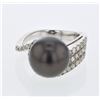Image 1 : Tahitian Pearl w/ 3-row Shank Diamond Ring in 14K White Gold - REF-136M6F