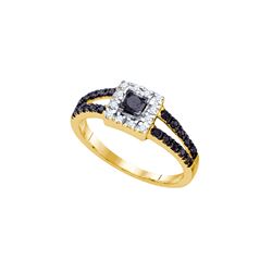 0.55 CTW Princess Black Colored Diamond Halo Bridal Engagement Ring 14K Yellow Gold