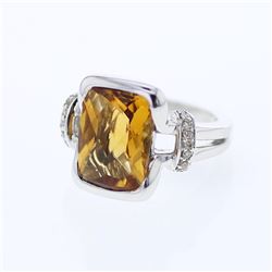 Emerald-cut Bezel-set Citrine Diamond Ring in 14K White Gold - REF-84N9A