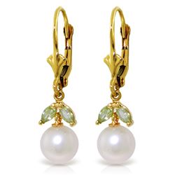 Genuine 4.4 ctw Pearl & Peridot Earrings Jewelry 14KT Yellow Gold - REF-20N4R