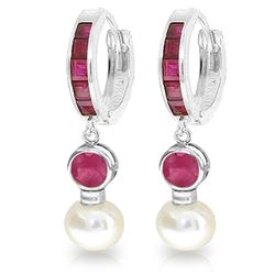 Genuine 4.65 ctw Ruby & Pearl Earrings Jewelry 14KT White Gold - REF-54M6T