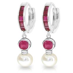 Genuine 4.65 ctw Ruby & Pearl Earrings Jewelry 14KT White Gold - REF-54M6T