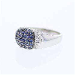 Dome-shaped Pave-set w/ Blue Sapphire Diamond Ring in 14K White Gold - REF-71A8N
