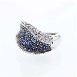 Pave-set Blue Sapphire & Diamond Ring in 14K White Gold - REF-117K7R