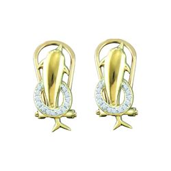 0.08 CTW Diamond Dolphin Fish Animal French-clip Earrings 10K Yellow Gold