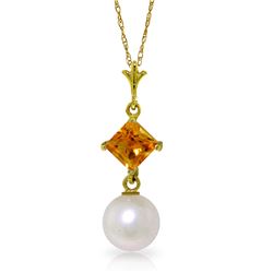 Genuine 2.5 ctw Pearl & Citrine Necklace Jewelry 14KT Yellow Gold - REF-18N2R