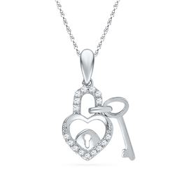 0.1 CTW Natural Diamond Heart Lock Key Dangle Pendant 10K White Gold
