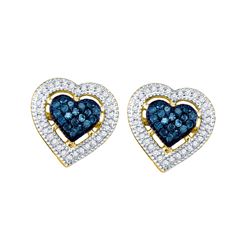 0.4 CTW Blue Colored Diamond Heart Love Screwback Earrings 10K Yellow Gold