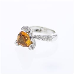 Trillian-cut Citrine w/ Pave Diamond Ring in 14K White Gold - REF-93X5Y