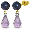 Genuine 6.6 ctw Black Pearl, Amethyst & Diamond Earrings Jewelry 14KT Yellow Gold - REF-27F6Z