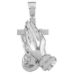 0.9 CTW Mens Natural Diamond Praying Hands & Cross Charm Pendant 10K White Gold