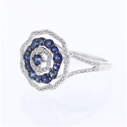Sapphire & Diamond Flower Ring in 14K White Gold - REF-49W8H