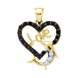 0.4 CTW Black Colored Diamond Heart Love Dolphin Pendant 14K Yellow Gold