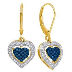 0.4 CTW Blue Colored Diamond Heart Dangle Earrings 10K Yellow Gold