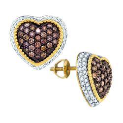 1.30 CTW Cognac-brown Colored Diamond Heart Cluster Earrings 10K Yellow Gold