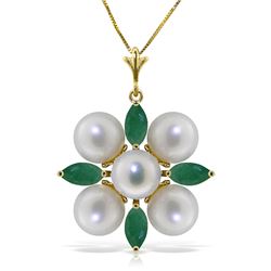 Genuine 6.3 ctw Emerald & Pearl Necklace Jewelry 14KT Yellow Gold - REF-63A4K