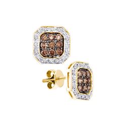 0.75 CTW Cognac-brown Colored Diamond Cluster Stud Earrings 14K Yellow Gold