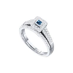 0.5 CTW Blue Colored Princess Pave Diamond Halo Bridal Ring 14K White Gold