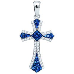 0.25 CTW Blue Colored Natural Diamond Christian Cross Crucifix Pendant 10K White Gold