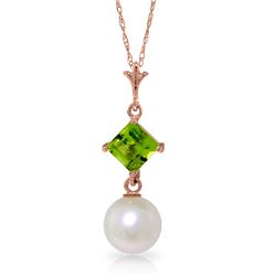 Genuine 2.5 ctw Pearl & Peridot Necklace Jewelry 14KT Rose Gold - REF-18F2Z