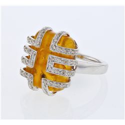 Amber Cabochon Ring w/ Channel-set Diamonds in 14K White Gold - REF-50R2K