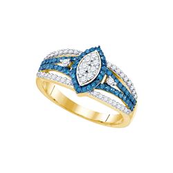 0.85 CTW Blue Colored Diamond Marquise-shape Halo Cluster Ring 10K Yellow Gold