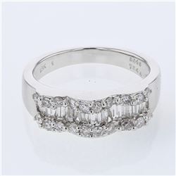 Baguette & Round Wavy Diamond Band in 18K White Gold - REF-135H7W