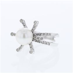 South Sea Pearl w/ Prong & Pave-set Diamond Ring in 18K White Gold - REF-113F2M