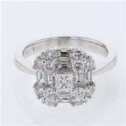 Baguette & Round w/ Princess cut Diamond Ring in 18K White Gold - REF-247Y4X