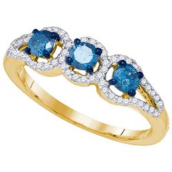 0.65 CTW Blue Colored Diamond 3-stone Bridal Engagement Ring 10K Yellow Gold