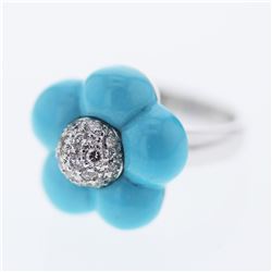 Flower Turquoise w/ Pave-set Diamond Ring in 18K White Gold - REF-165W9H