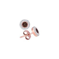 0.1 CTW Red Colored Diamond Flower Cluster Screwback Earrings 10K Rose Gold