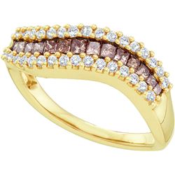 0.65 CTW Cognac-brown Colored Princess Diamond Curved Contoured Fine Band 14K Yellow Gold