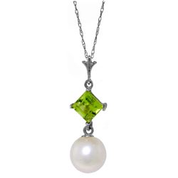 Genuine 2.5 ctw Pearl & Peridot Necklace Jewelry 14KT White Gold - REF-18W2Y