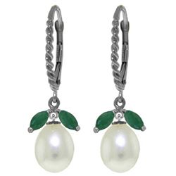 Genuine 9 ctw Emerald & Pearl Earrings Jewelry 14KT White Gold - REF-41Y4F