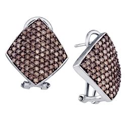 1.90 CTW Cognac-brown Colored Diamond Square Cluster Omega-back Earrings 10K White Gold