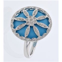 Round Turquoise w/ Diamond Floral Accent 18K White Gold - REF-93F4M