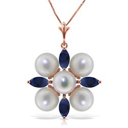 Genuine 6.3 ctw Sapphire & Pearl Necklace Jewelry 14KT Rose Gold - REF-63H4X