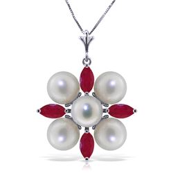 Genuine 6.3 ctw Ruby & Pearl Necklace Jewelry 14KT White Gold - REF-62X6M