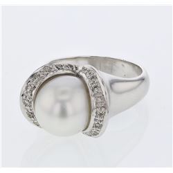 South Sea Pearl Ring w/ Pave-set Diamonds in 14K White Gold - REF-111R2K